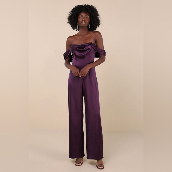 LULU’S Unbelievable Aura Dark Purple Satin Off The Shoulder Jumpsuit - Picture 5 of 5
